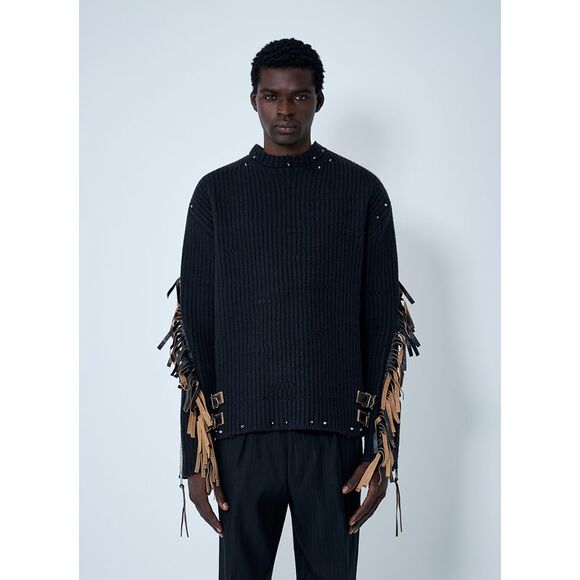 Prada Men Leather Embellished Wool Sweater